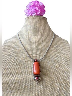 Stunning & Hand Carved Auspicious Floral Pattern Tibetan Coral & Silver Pendant